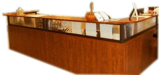 Reception Desk Cherry And Glass Trim 144 W X 84 D Smart Buy