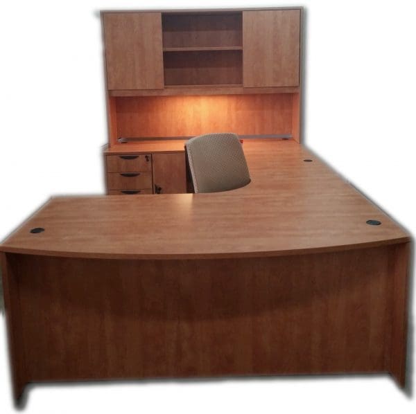 U Shape Desk (Left) With Extended Corner Bowfront And Display Hutch 71"w X 114"d Shown In