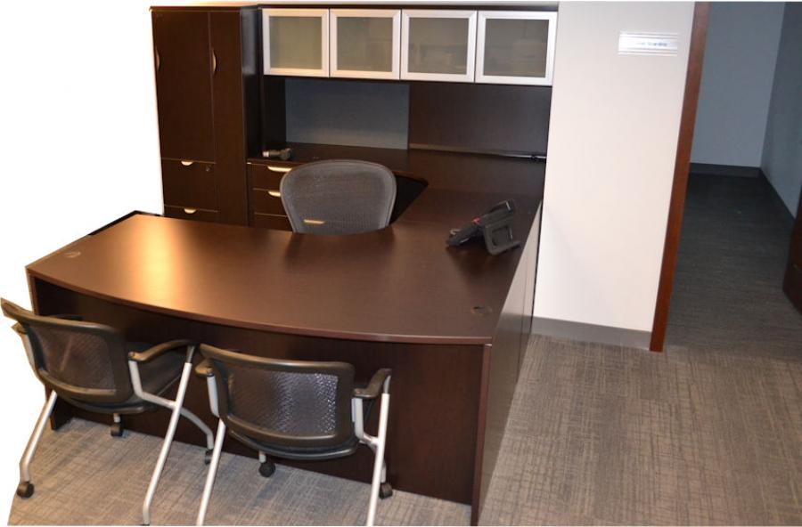 Cockpit U Shape Desk With Aluminum Trimmed Glass Door Hutch And Executive Armoire Select Direction Finish